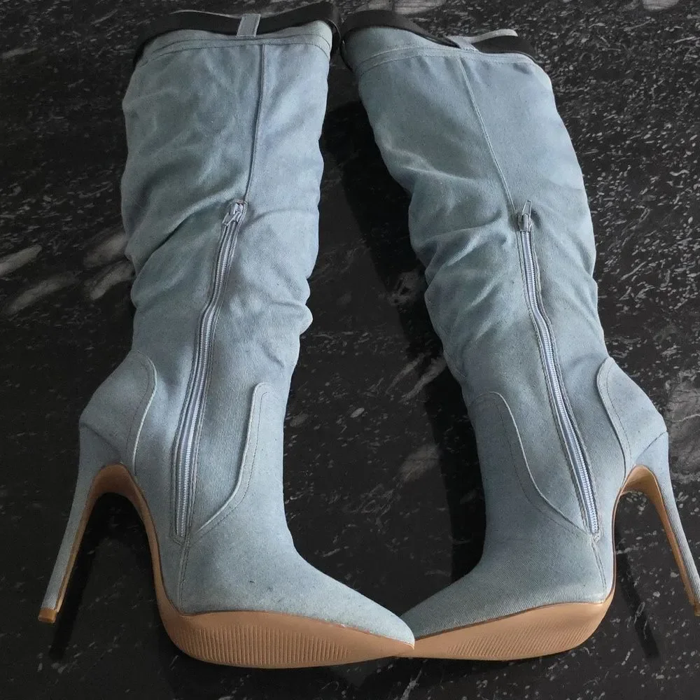 BRAND NEW SHOEDAZZLE BUCKLE OVER THE KNEE STILETTO HEEL WOMENS SLOUCH BOOTS